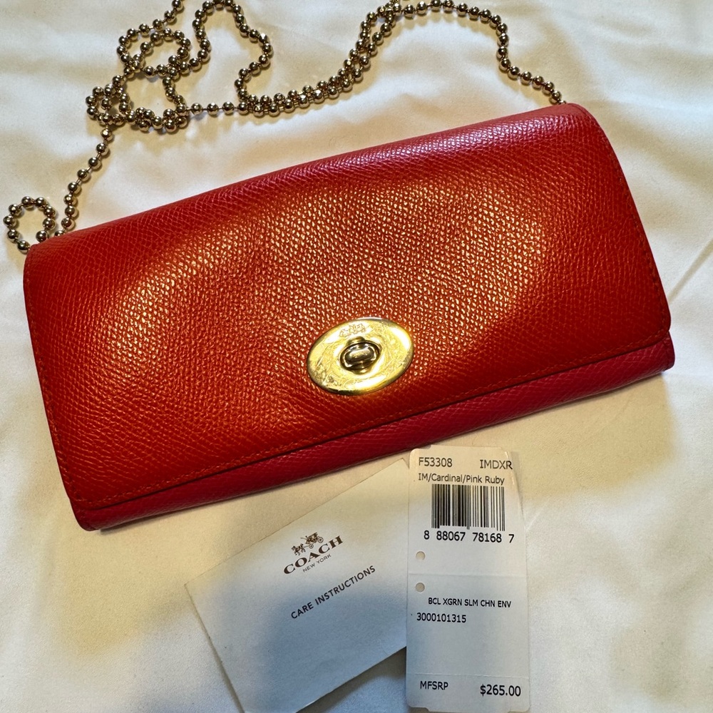 Coach F53308 Red & Orange Leather Wallet with Chain / Crossbody